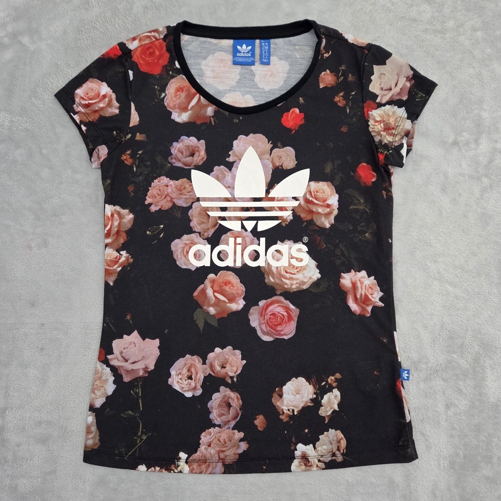 Adidas Womens Red Rose Floral Trefoil Logo T-Shirt S F78424 Short Sleeve Tee
